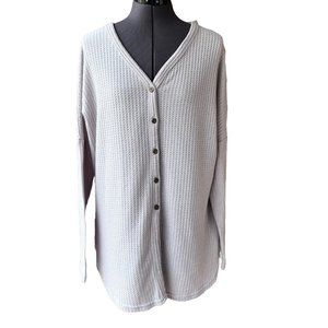 Miholl Waffle-Knit Button-Front Top Tunic V-Neck Gray Long-Sleeve M